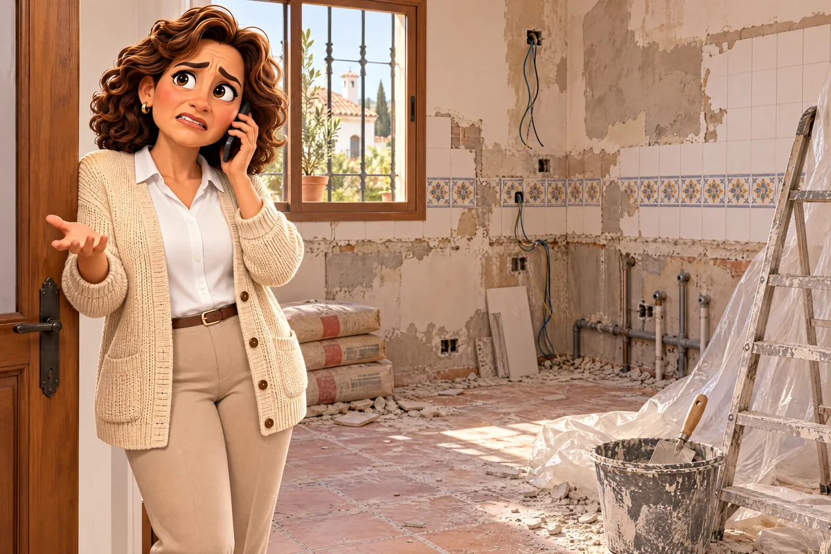 Clienta mirando su cocina con la reforma abandonada a medias: azulejos sin poner, sacos de cemento y herramientas por el suelo