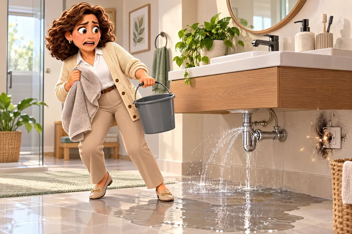 Clienta alarmada en su baño recién reformado: sale agua de una tubería mal empalmada bajo el lavabo y un enchufe echa chispas