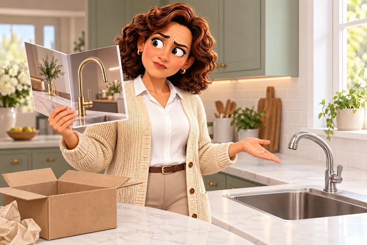 Clienta comparando el folleto de un grifo de diseño con el grifo barato que le han instalado en la cocina, con una caja sin marca en la encimera