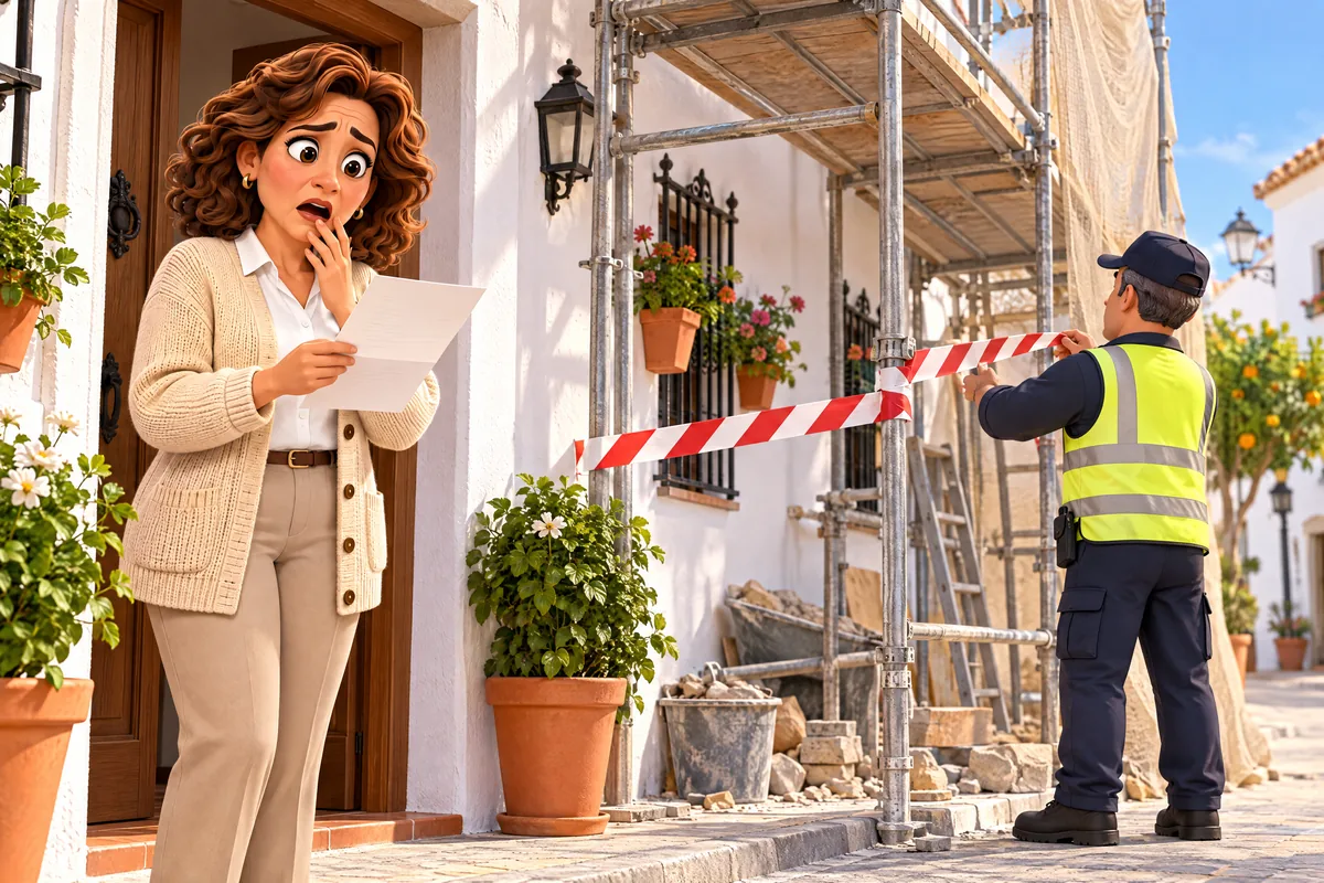 Inspector municipal precintando el andamio de una casa con cinta roja y blanca mientras la propietaria lee una notificación en la puerta