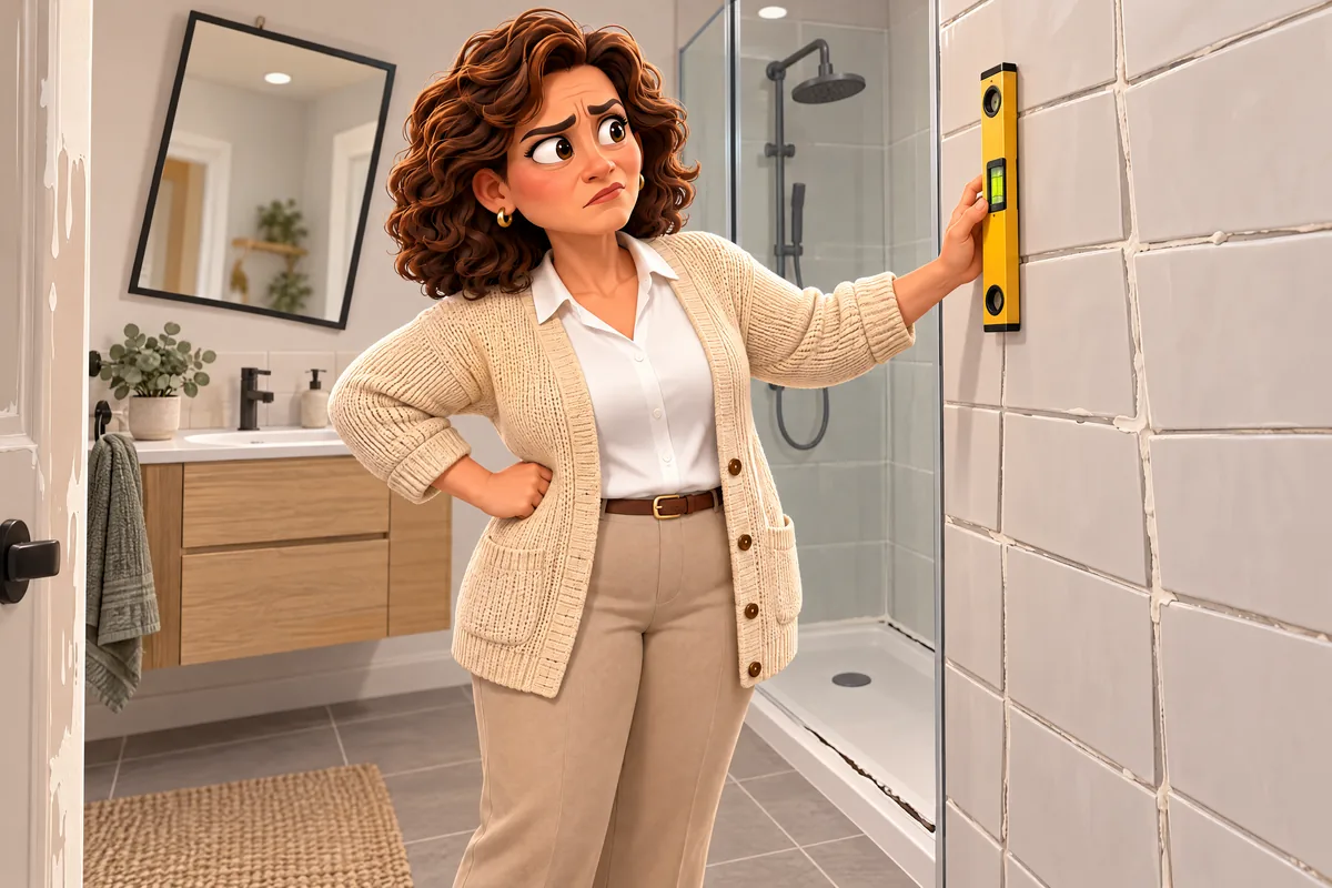 Clienta comprobando con un nivel los azulejos torcidos de su baño recién reformado, con juntas irregulares y el espejo descolgado